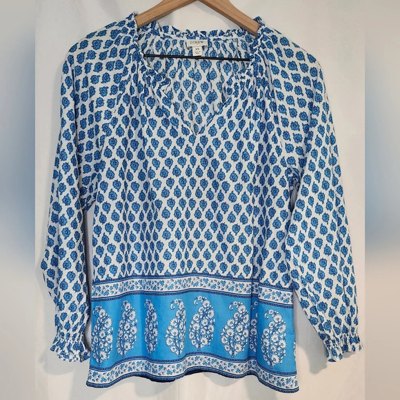 J.Crew Womens Block-Print Artist Top Size XS Blue Floral Ruffle Preppy Spring - Picture 7 of 8